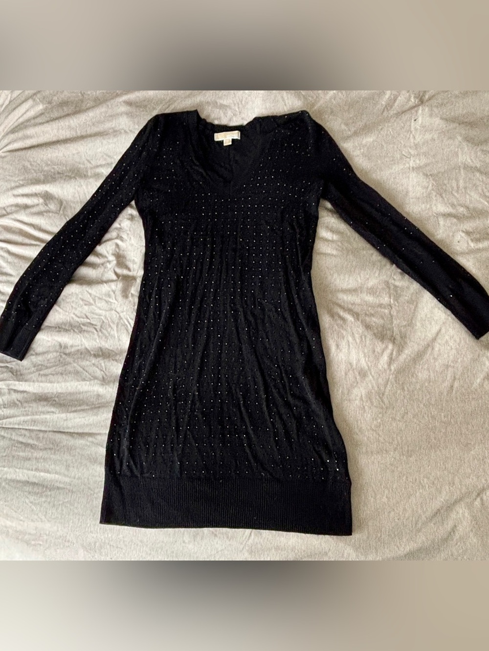 Michael Kors V-Neck Knit Sweater Dress with Subtle Crystal Stud Detail